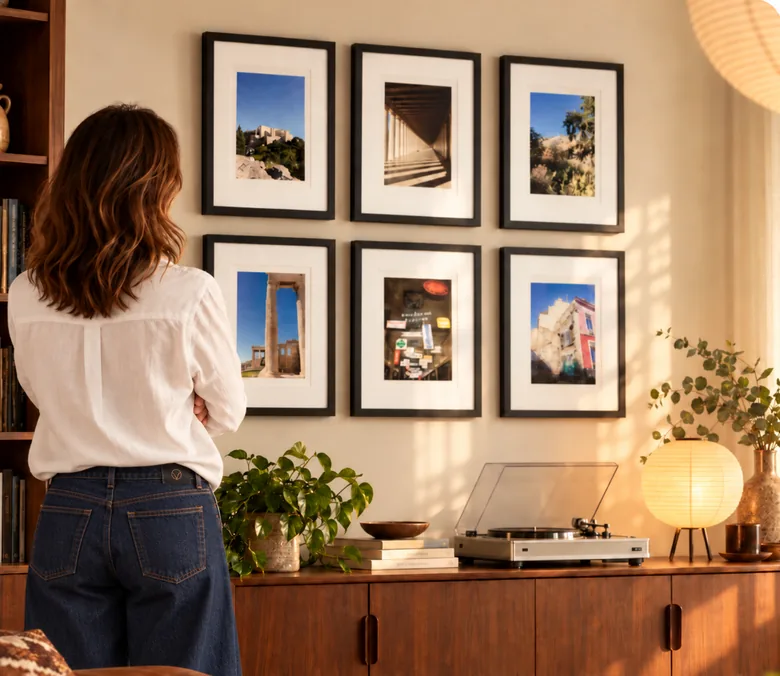 A woman seen from behind enjoying six framed travel photographs in a warm living room